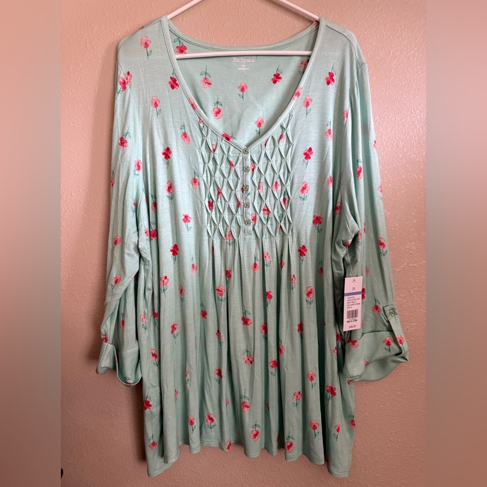 Kim Rogers NWT Teal/Pink Floral Women’s Blouse Plus 2X
